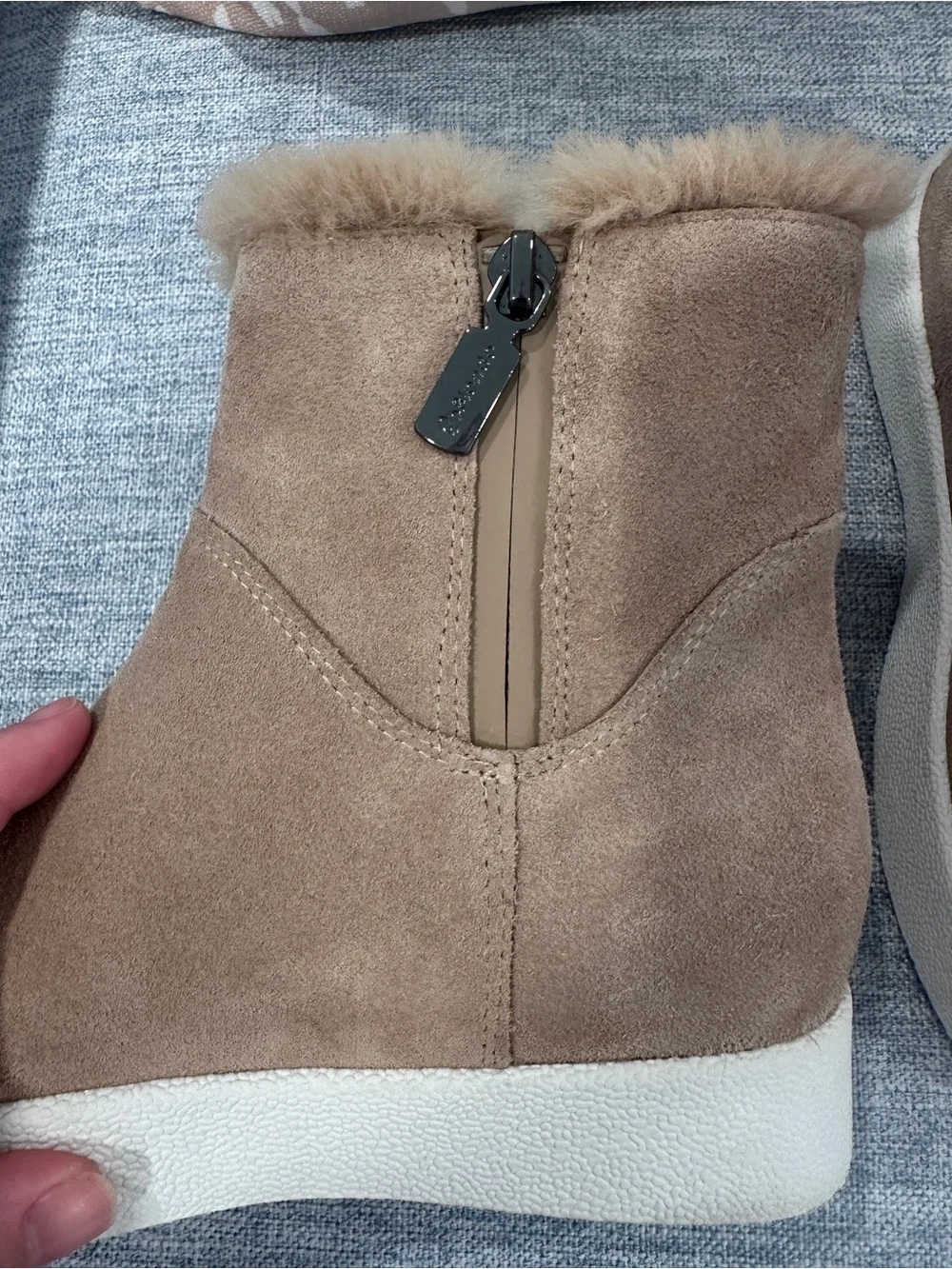 Blondo Taupe Faux-Suede Fur-Trim Ankle Boots